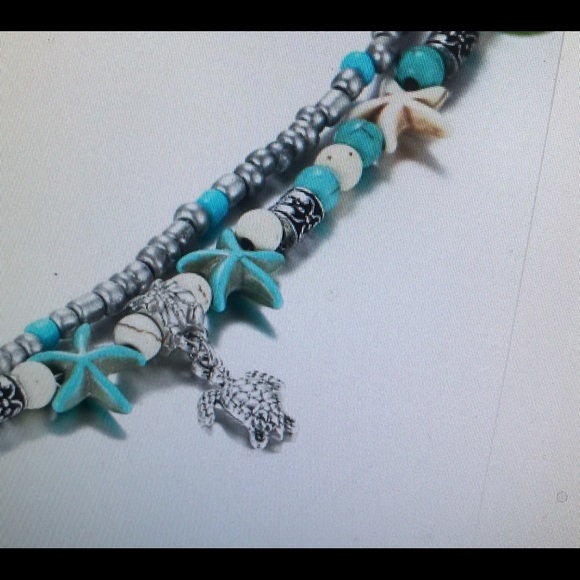 Sea Turtle Turquoise Starfish Layered Anklet Boho - Picture 2 of 3